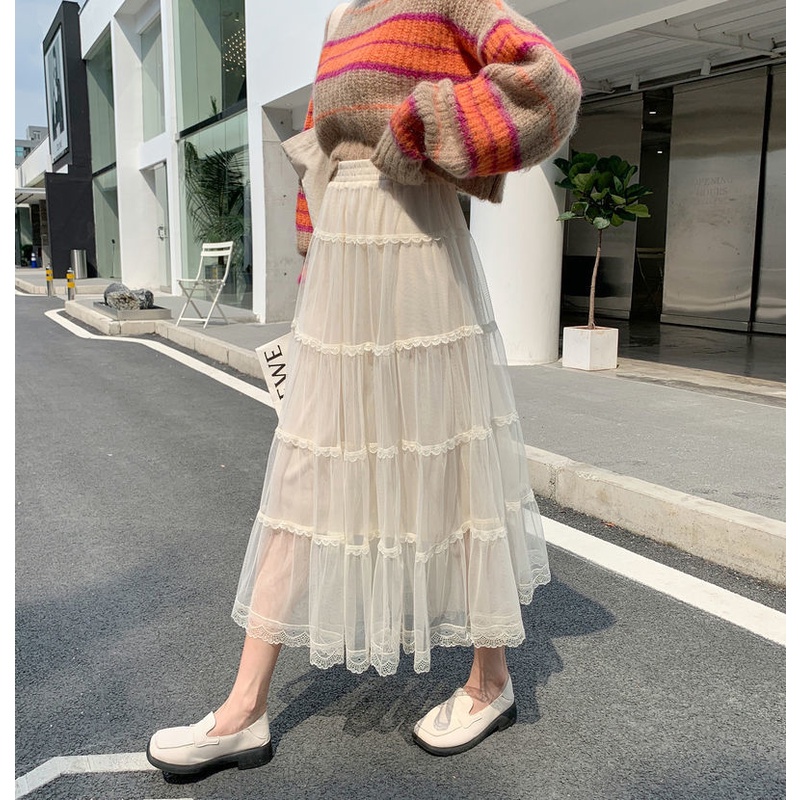 Chân Váy Chữ A Phối Ren Lưới Thời Trang Thu Đông Phong Cách Mới Cho Nữ