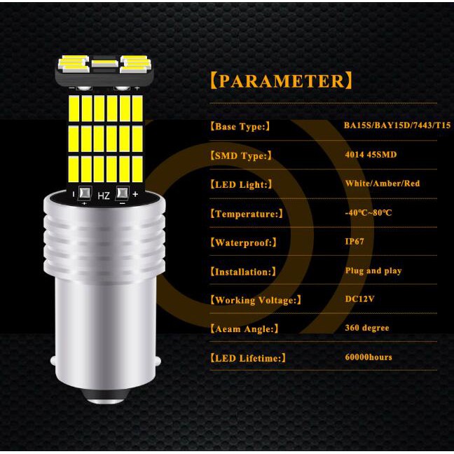 1PCS LED light KEVANLY T15 1156 1157 T20 45SMD DC12V