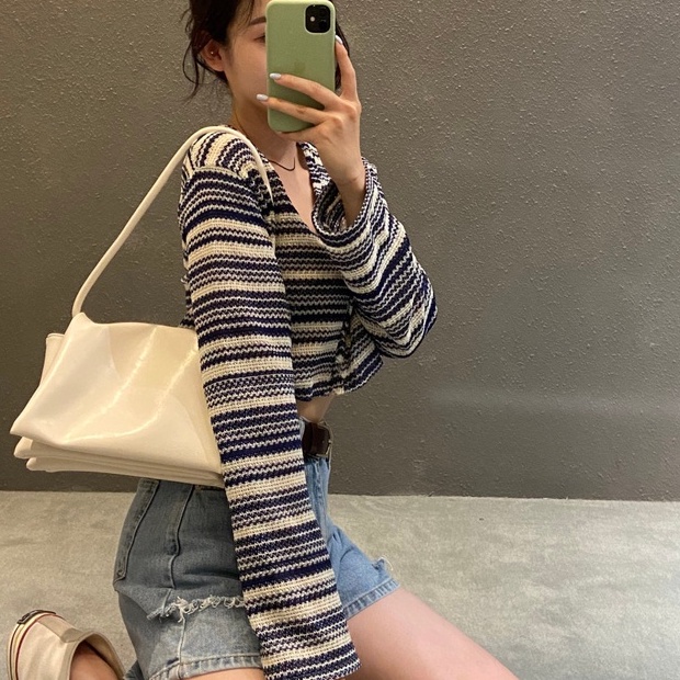 Áo cardigan ZHELIHANGFEI dệt kim tay dài cổ chữ V họa tiết kẻ sọc