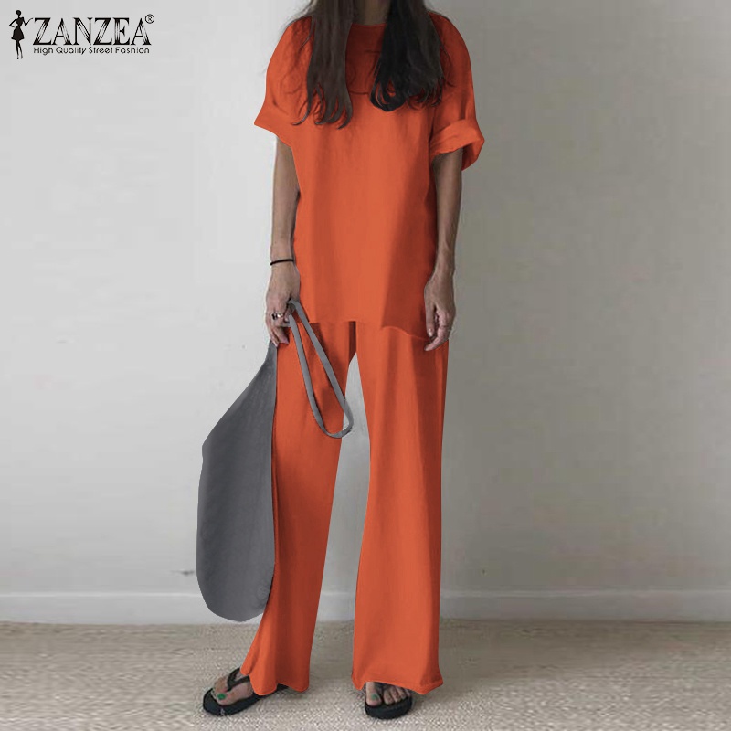 Bộ đồ dáng rộng thường ngày ZANZEA với áo kiểu cổ tròn và quần dài ống rộng eo thun cho nữ