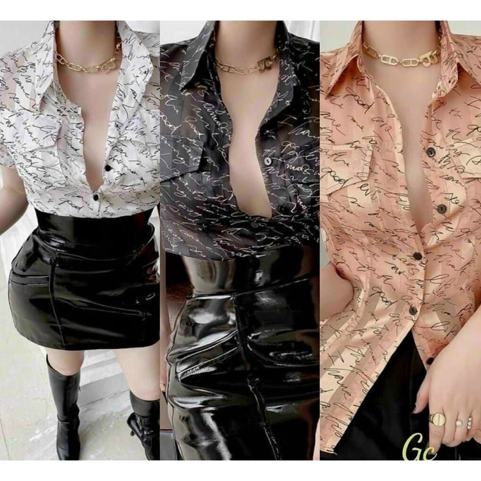 Áo sơ mi lụa tơ mềm tay ngắn 2 túi nắp in chữ kí siêu hot