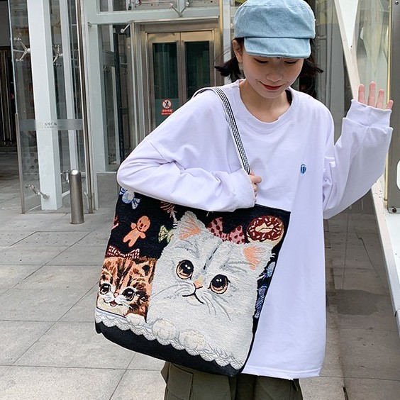 Túi Tote Vải Canvas Thêu Hình Mèo Cute Thời Trang Đeo Chéo GN11-II