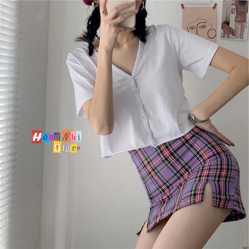 Chân Váy Caro Màu Tím Chữ A Xẻ Lai Có Quần Lót Trong Dáng Ôm Ulzzang Size S