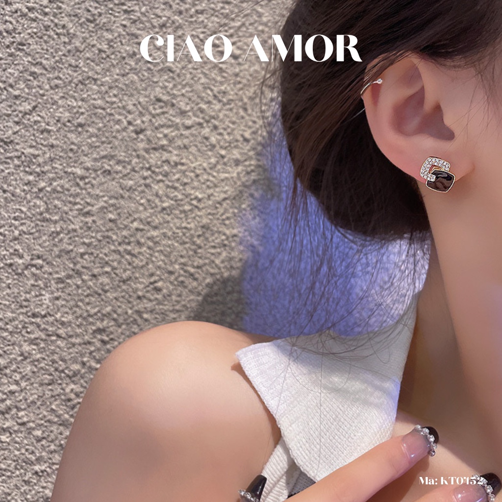 KT0452-Khuyên tai nữ, Bông tai nưc bạc 925 lớp vuông đen đính ngọc đơn giản thanh lịch Trang sức Ciao Amor