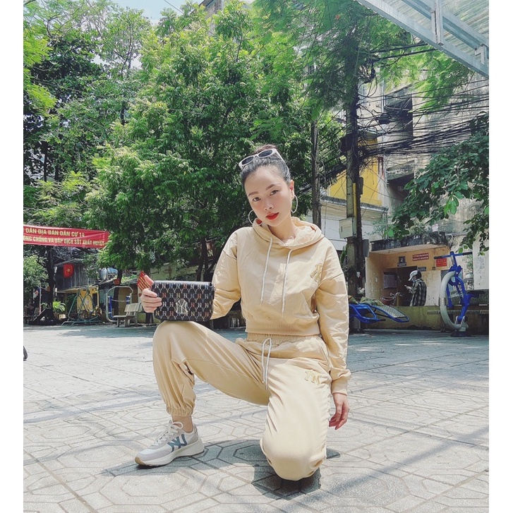 Bộ Thể Thao Hoodie NY Chui Crop Nữ Có Mũ Cao Cấp Đủ Màu