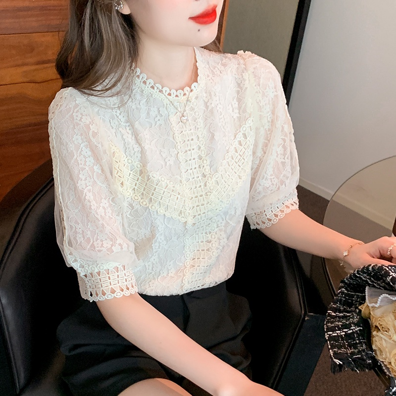 Áo Chiffon Tay Ngắn Phồng Phối Ren Thời Trang Mùa Hè Cho Nữ
