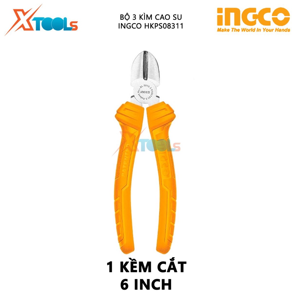 Combo 3 Kìm Cao Su Cơ Bản Ingco HKPS08311 | Kìm mũi kim kích thước 8&quot;&quot;/ 180mm hỗ trợ cắt dây, Kẹp đai ốc, Cắt viền, Kẹp