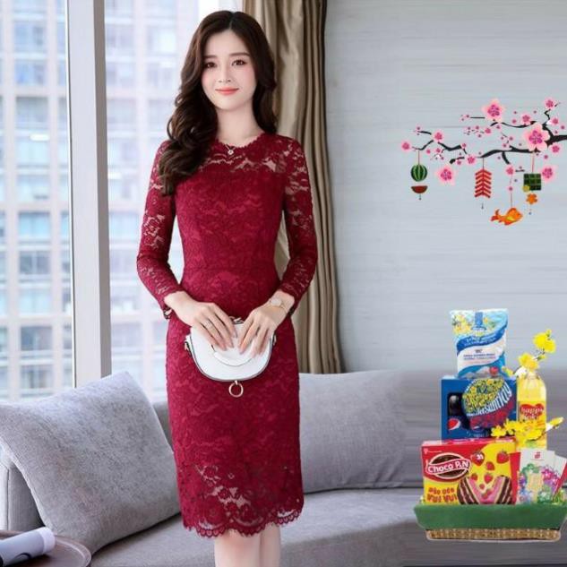 SHOP DẠ HỘI  Đầm Ren Body Họa Tiết Hoa Nổi Tay Dài tặng hoa tai thời trang xinh xắn