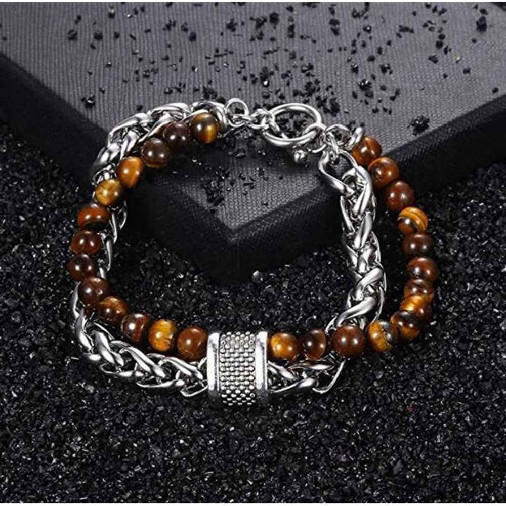 Natural Tiger Eye Obsidian Beaded Gelang Pria Trendy Rantai Gandum 22 CM
