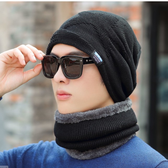 Bộ mũ len kèm khăn lót nỉ cho nam phong cách Hàn, sét nón len 2 trong 1 nam cao cấp