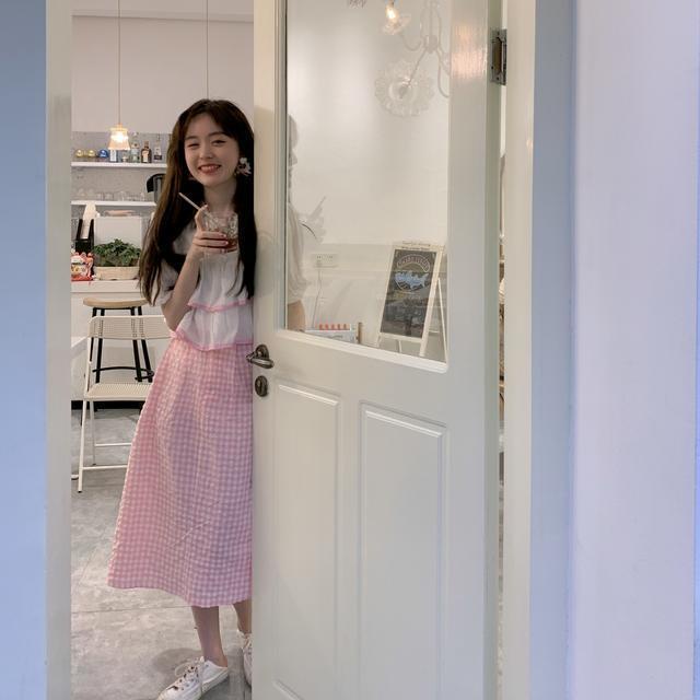 Set Áo Sơ Mi Nhiều Lớp Đính Nơ + Chân Váy Caro Hồng Thời Trang Nữ Tính