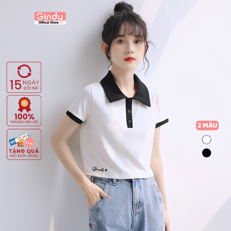 Áo phông nữ croptop GINDY cổ bẻ polo form rộng tay lỡ chất cotton thoáng mát Unisex A8103