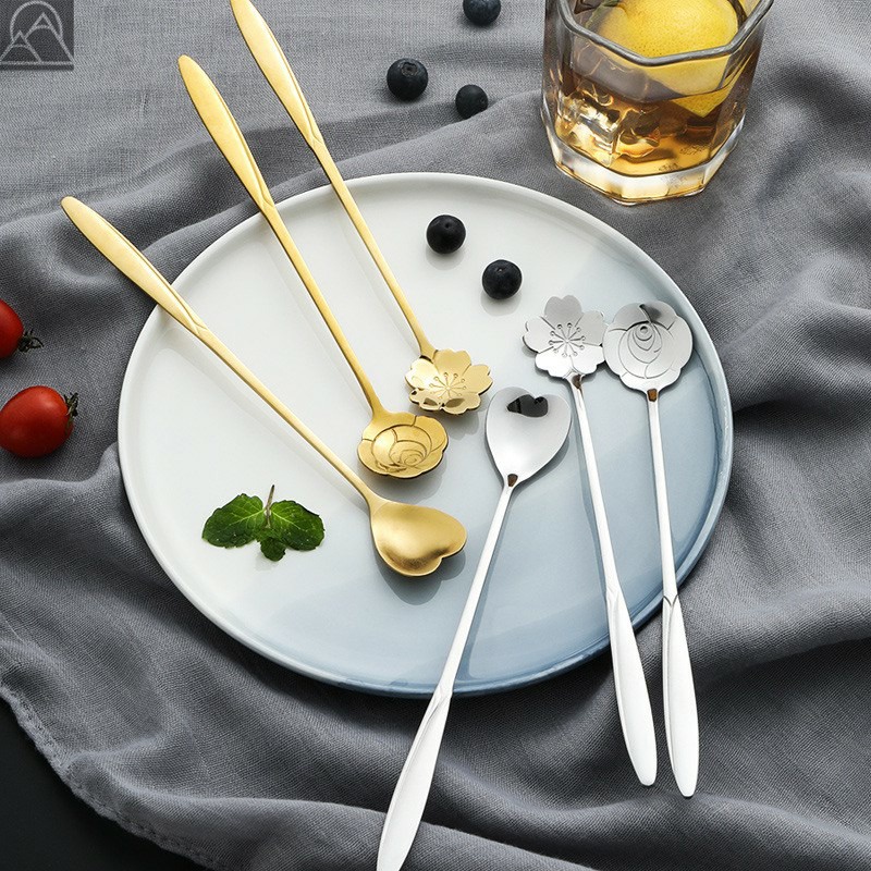 Muỗng Trộn Cà Phê/ Ăn Tráng Miệng Bằng Thép Không Gỉ Tay Cầm Dài Họa Tiết Dễ Thương Phong Cách Hàn Quốc