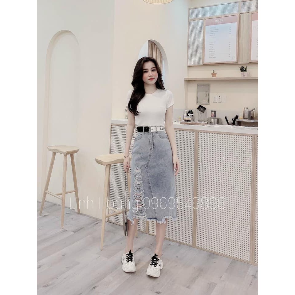 Chân váy jean nữ rách dáng dài