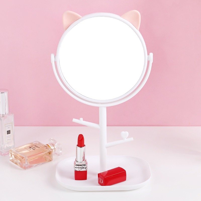 Gương trang điểm tròn để bàn tai gấu makeup xoay 360 độ