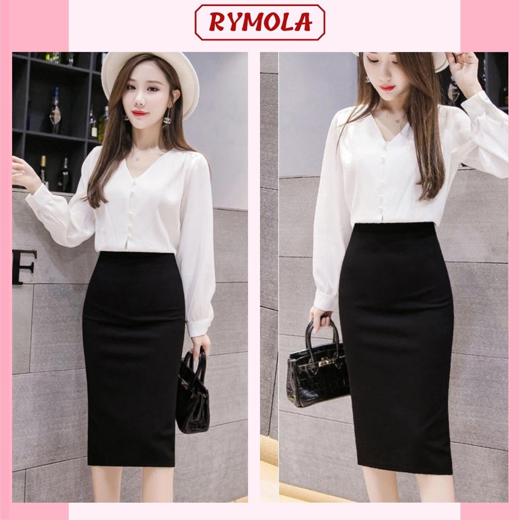 Chân Váy Công Sở Bút Chì MOLA Dáng Dài Qua Gối Màu Đen Lưng Cao Xẻ Sau Đẹp Kiểu Hàn Quốc Vintage Cá Tính MCV008