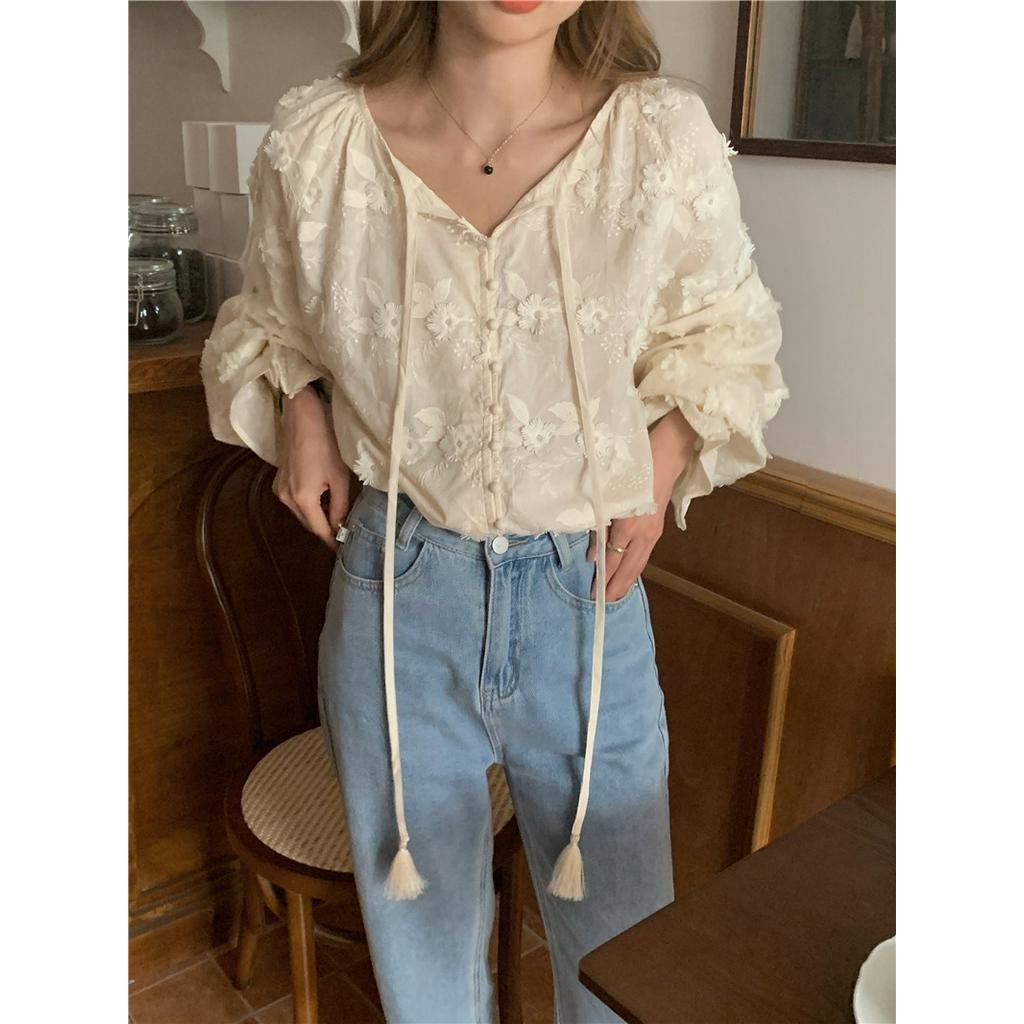 Áo Thun Ba Chiều Dáng Rộng Dài Tay Thêu Hoa Ba Chiều 62625