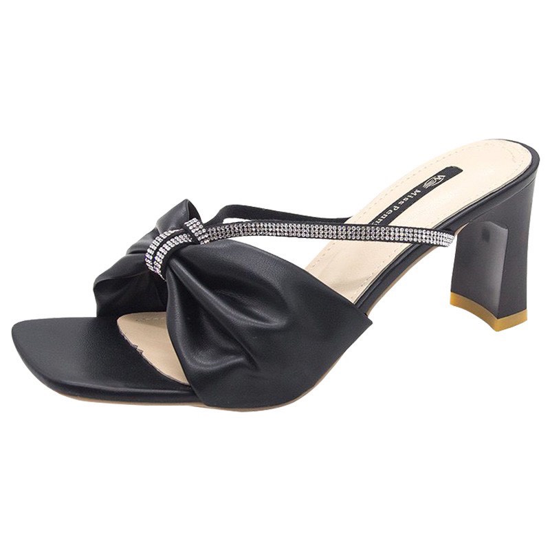 Dép cao gót nữ 5p, guốc cao gót đẹp 5 phân mũi vuông quai nơ nhún H13 đi học đi chơi