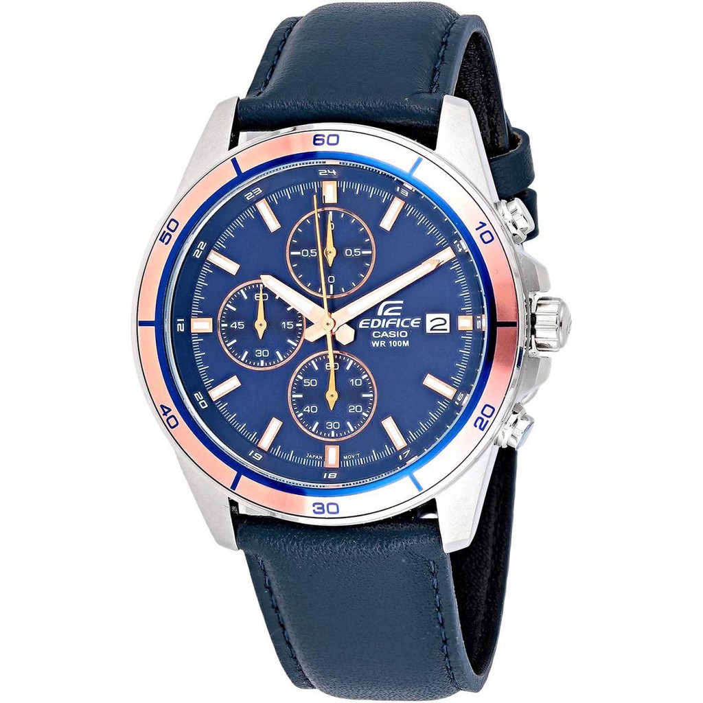 ĐỒNG HỒ NAM CASIO EDIFICE EFR-526L-2AVUDF Dây da thật màu xanh - Mặt xanh viền vàng đồng