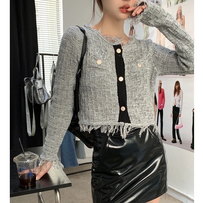 QKOOLE Áo khoác dệt kim tay dài cổ tròn phong cách Hàn Quốc cho nữ