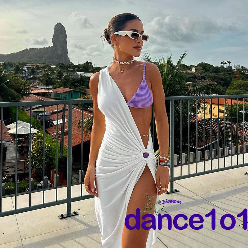 ✣DE❥Women Sleeveless One-shoulder Hollowed Slit Cocktail Beach Long Dress