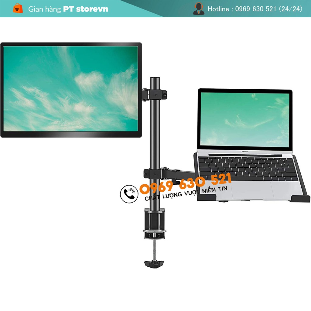 Giá Treo Màn Hình 17-32 Inch Kèm Giá Đỡ Laptop M076 / Tải Trọng 8Kg - Lắp Đặt Kẹp Bàn