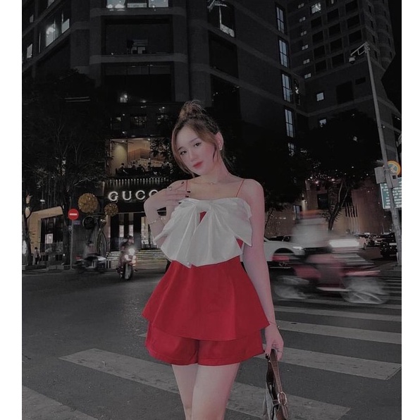 Sét bộ đùi áo 2 dây phối nơ ngực bản lớn thời trang nữ năng động trẻ trung