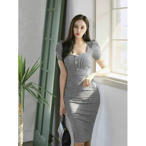 Đầm ôm công sở caro tay phồng thời trang Hàn Quốc Lh0917399527