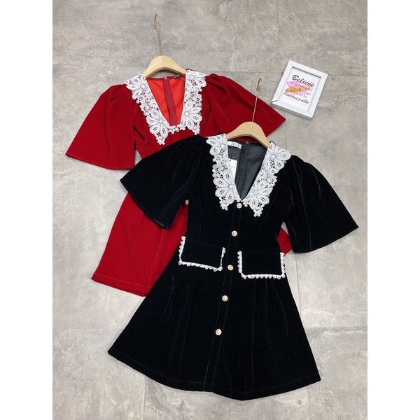 Váy Nhung Cổ Ren Khuy Ngọc 2 Màu Tiểu Thư Siêu Xinh Có Ảnh Thật Kèm Video | BigBuy360 - bigbuy360.vn