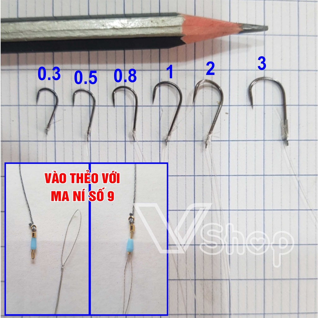 Lưỡi câu cá không ngạnh. Thẻo câu làm sẵn. Bộ 5 thẻo mỗi vỉ. Tặng kèm khoen, ma ní số 9 .vmt.