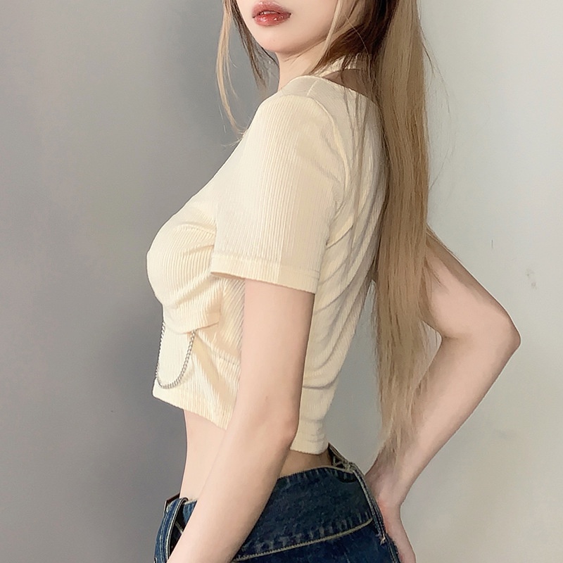 Áo Thun Tay Ngắn Cổ Chữ U Phối Dây Xích Thời Trang Cá Tính Cho Nữ