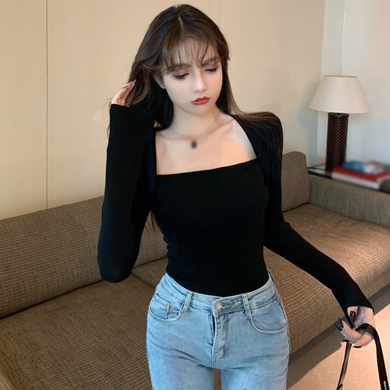 Áo Thun Tay Dài Cổ Vuông Màu Sắc Đơn Giản Phong Cách Hàn Quốc