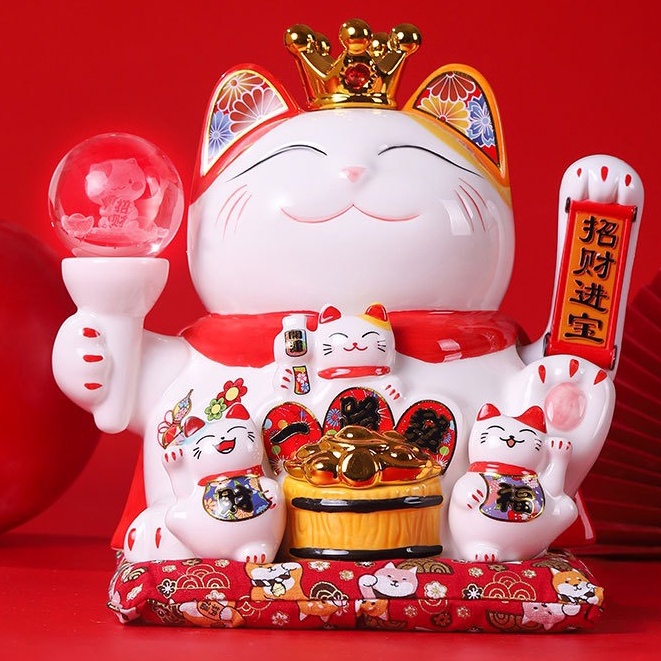 Mèo Thần Tài Vẫy Tay Mèo Đế Vương Phát Sáng Chiêu Tài Lộc May Mắn Bằng Gốm Sứ Cao Cấp