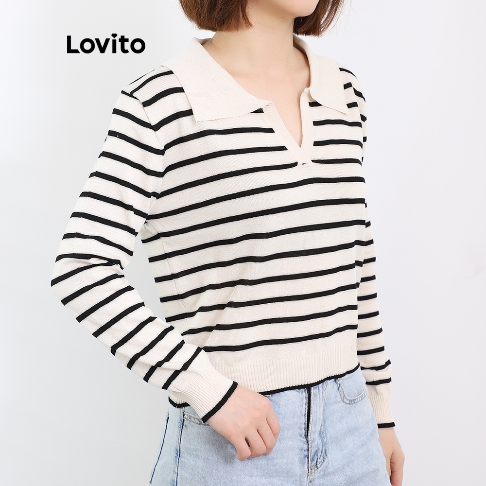  Áo Lovito tay dài cổ polo kiểu chữ V kẻ sọc phong cách Preppy L08215 (Màu be) | BigBuy360 - bigbuy360.vn