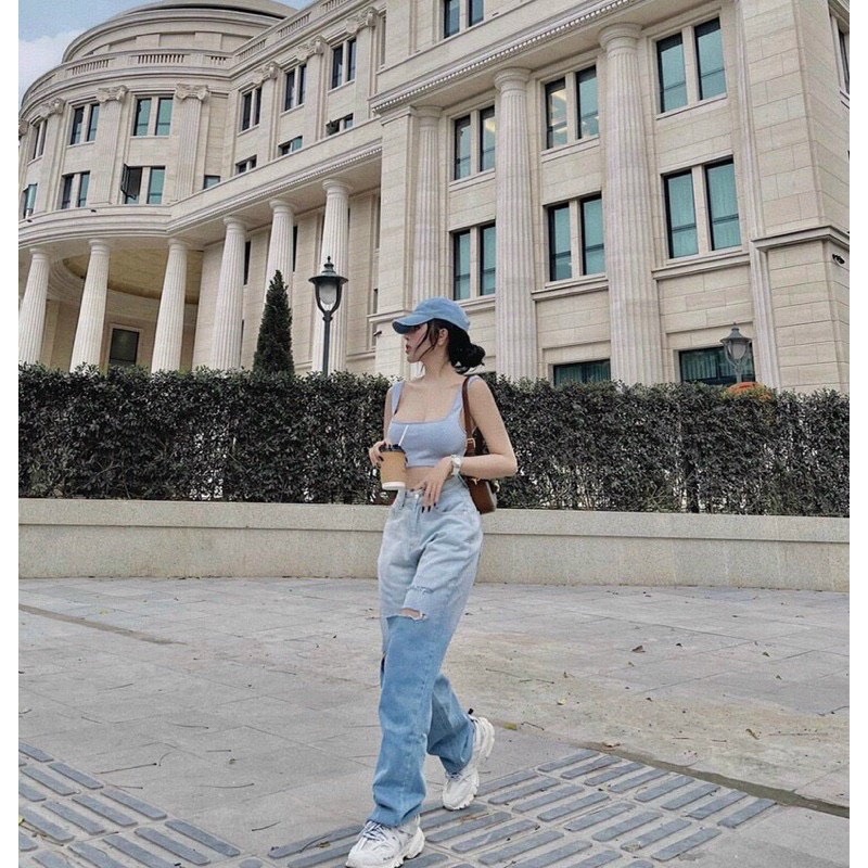 (H.N.M) Quần jean nữ ống rộng loang màu xanh nhạt rách sọc 2 bên kiểu dáng trẻ trung thời trang hot trend