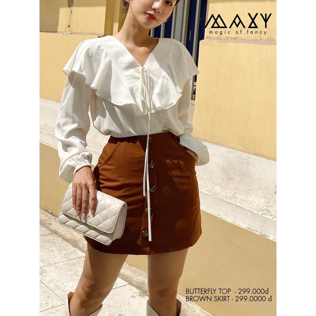 Quần váy màu nâu nút dọc browny button skirt Maxy Workshop