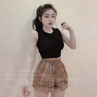 Set áo croptop ôm kết hợp quần kẻ BBR ảnh thật trải sàn