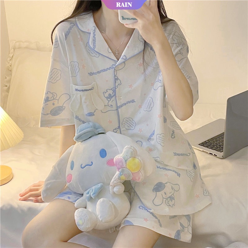 Bộ Đồ Ngủ Tay Ngắn In Họa Tiết Hoạt Hình Cinnamoroll Phong Cách Hàn Quốc Thời Trang Mùa Hè Cho Nữ