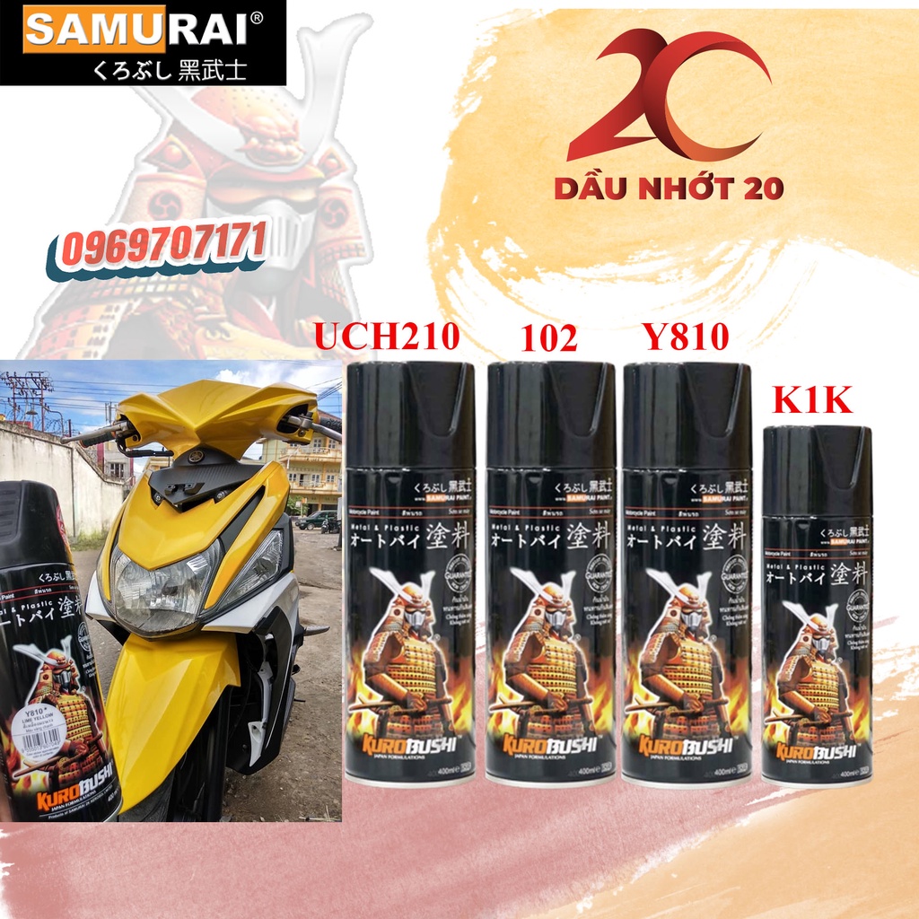 [COMBO] Sơn xịt Samurai màu Vàng Chanh - Y810 (bóng 128, K1K, K1KT, 2K01) , Dầu nhớt 20