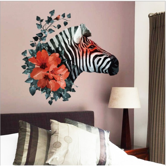 Decal trang trí tường ngựa vằn và hoa