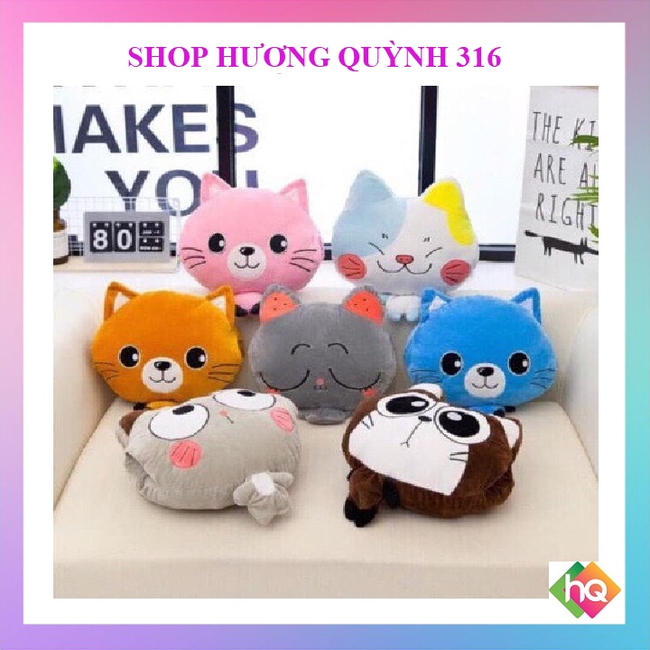 (HQ)Bộ chăn gối gấu bông hình mèo 3in1. Hương Quỳnh