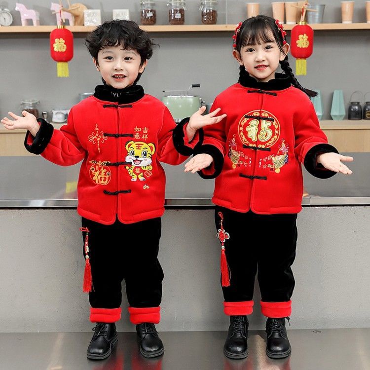 Bộ Quần Áo Nhung Phối Lông Cừu Phong Cách Trung Hoa Mừng Năm Mới Cho Bé 3-7 Tuổi 5 Tuổi