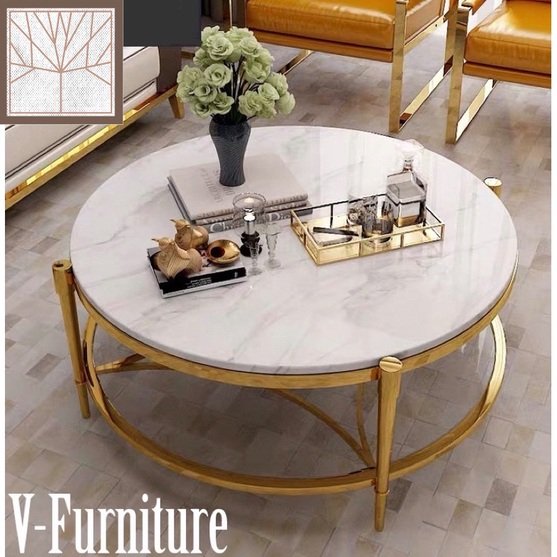 Bàn trà đơn Sofa phòng khách mặt đá tròn kết hợp mặt kính lọt sang trọng, hiện đại