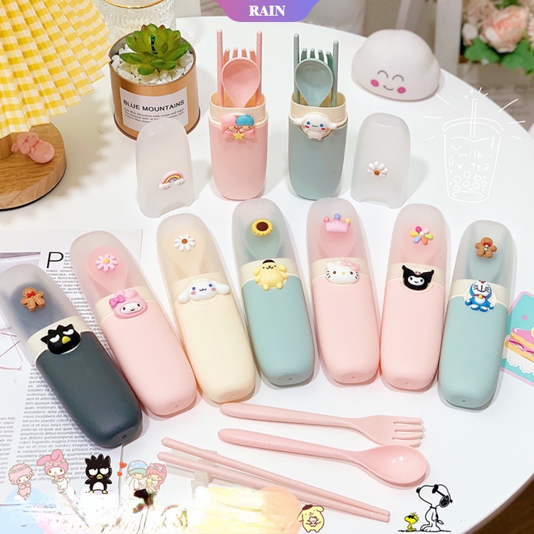 Bộ Dụng Cụ Ăn Uống Di Động Hình Hoạt Hình Sanrio Kuromi My Melody Hello Kitty Pom Pom Purin Di Động Cho Học Sinh [Sợi Niệm]