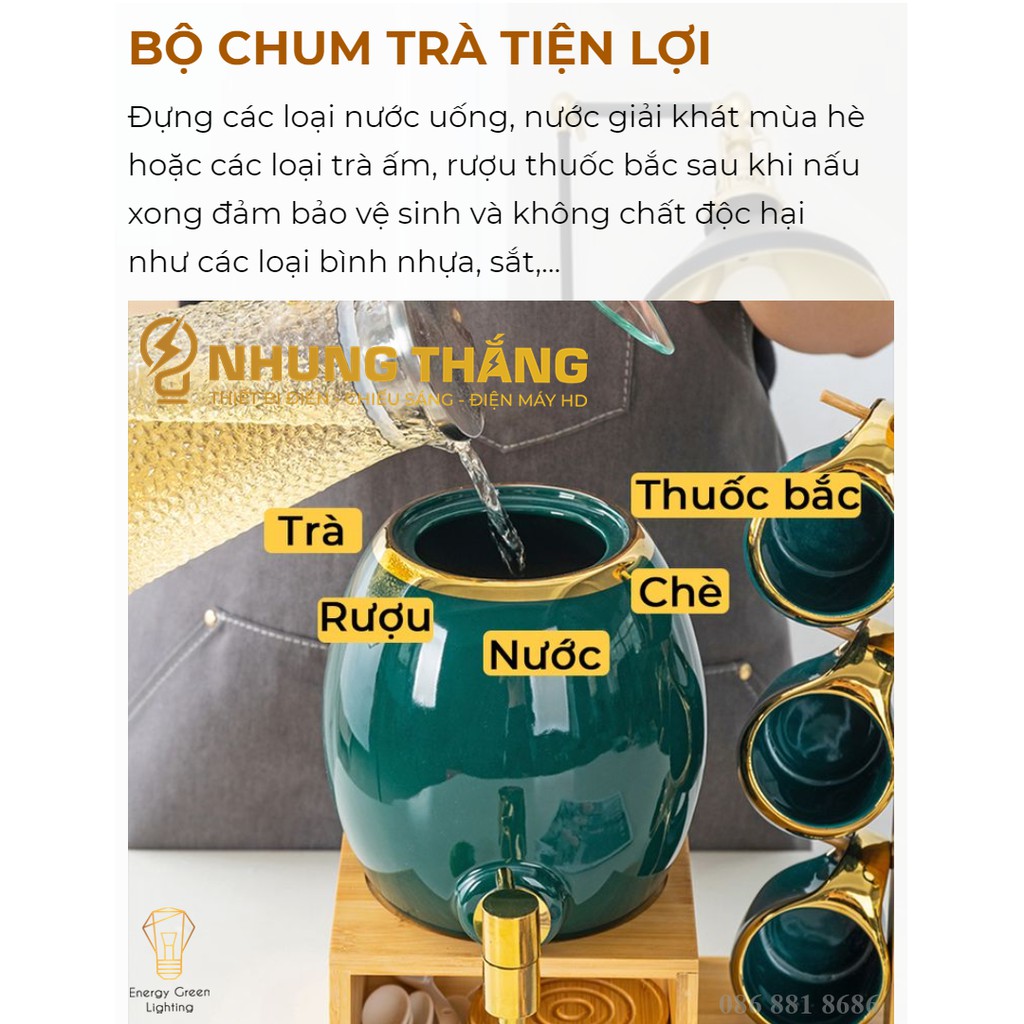 Bộ Chum Trà 6 Ly Bằng Sứ Cao Cấp - Dung Tích 3L - Tặng Kèm Kệ Gỗ - Chum Trà Sứ Đa Năng Nước Detox, Nước Hoa Quả,Trà Nóng