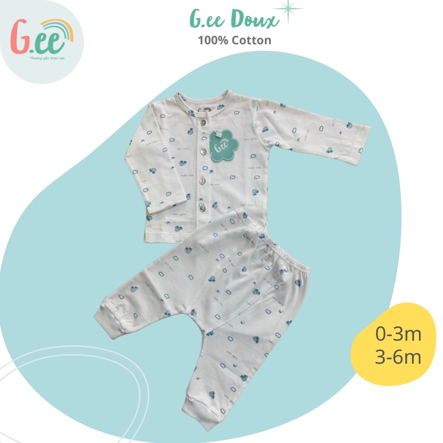Bộ sơ sinh dài tay cài thẳng Gee, cho bé gái, bé trai chất liệu 100% cotton mềm mại, hoạ tiết ô tô