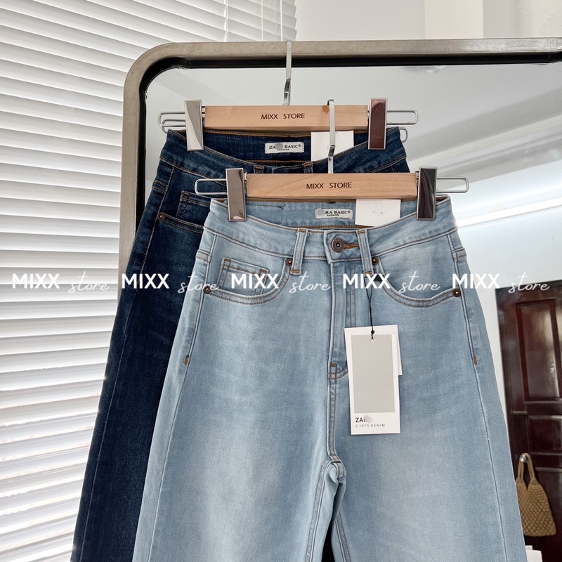 Quần jean nữ ống suông Zara lưng cao chất co giãn thoải mái phom dài 98cm tôn dáng