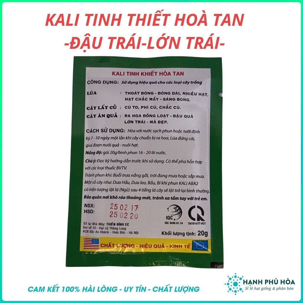 Kali Tinh Khiết Hoà Tan ABA2 20g/Gói- Đòng Dài, Hạt Chắc Mẩy, Đậu Quả, Lớn Trái, Củ To, Mã Đẹp, Chống Rụng Trái, Hạt