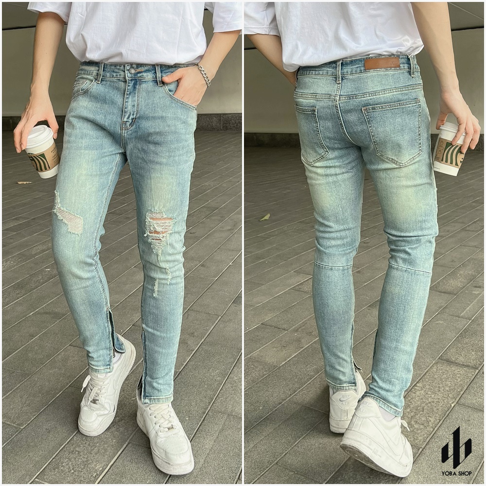{FREESHIP + VOUCHER 20K} QUẦN JEANS RÁCH GỐI ZIPPER NAM FORM SKINNY MÀU XANH WASH VÀNG VẢI DÀY XỊN MỊN (ẢNH THẬT 100%)