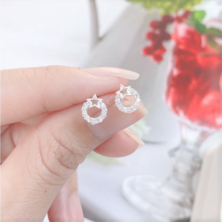 Bông tai bạc nữ hình tròn đính ngôi sao, Khuyên tai bạc ta sang trọng nữ tính